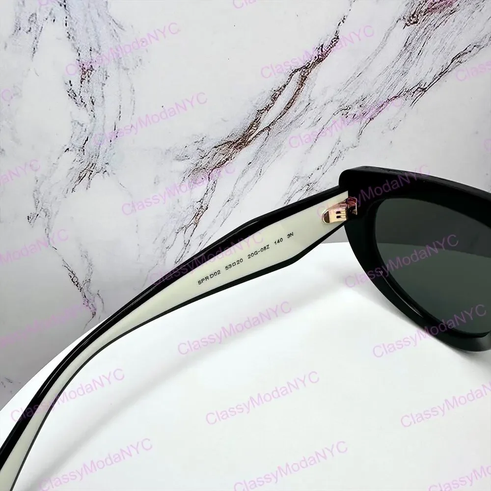 New PRADA Sunglasses Black White Talc Gold Symbole Oval Cat Eye Womens
